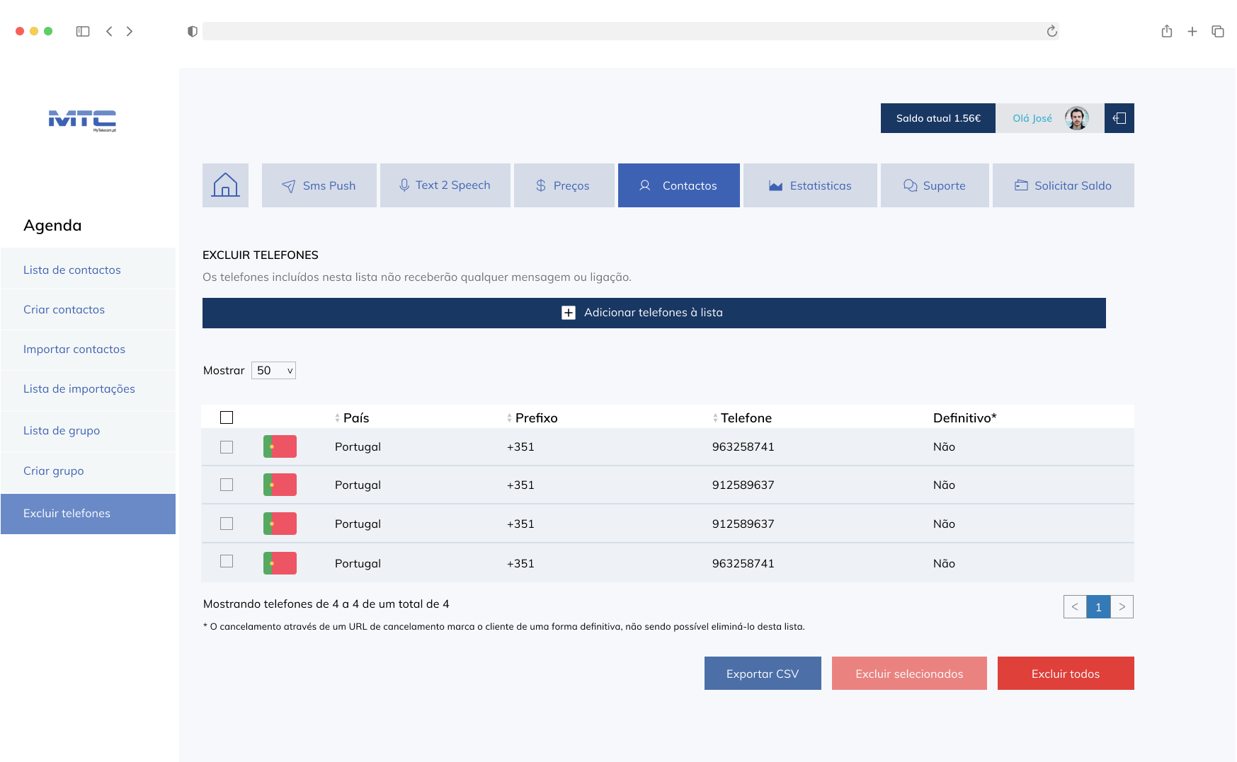 Panel with contacts table: options to export or delete a contact.